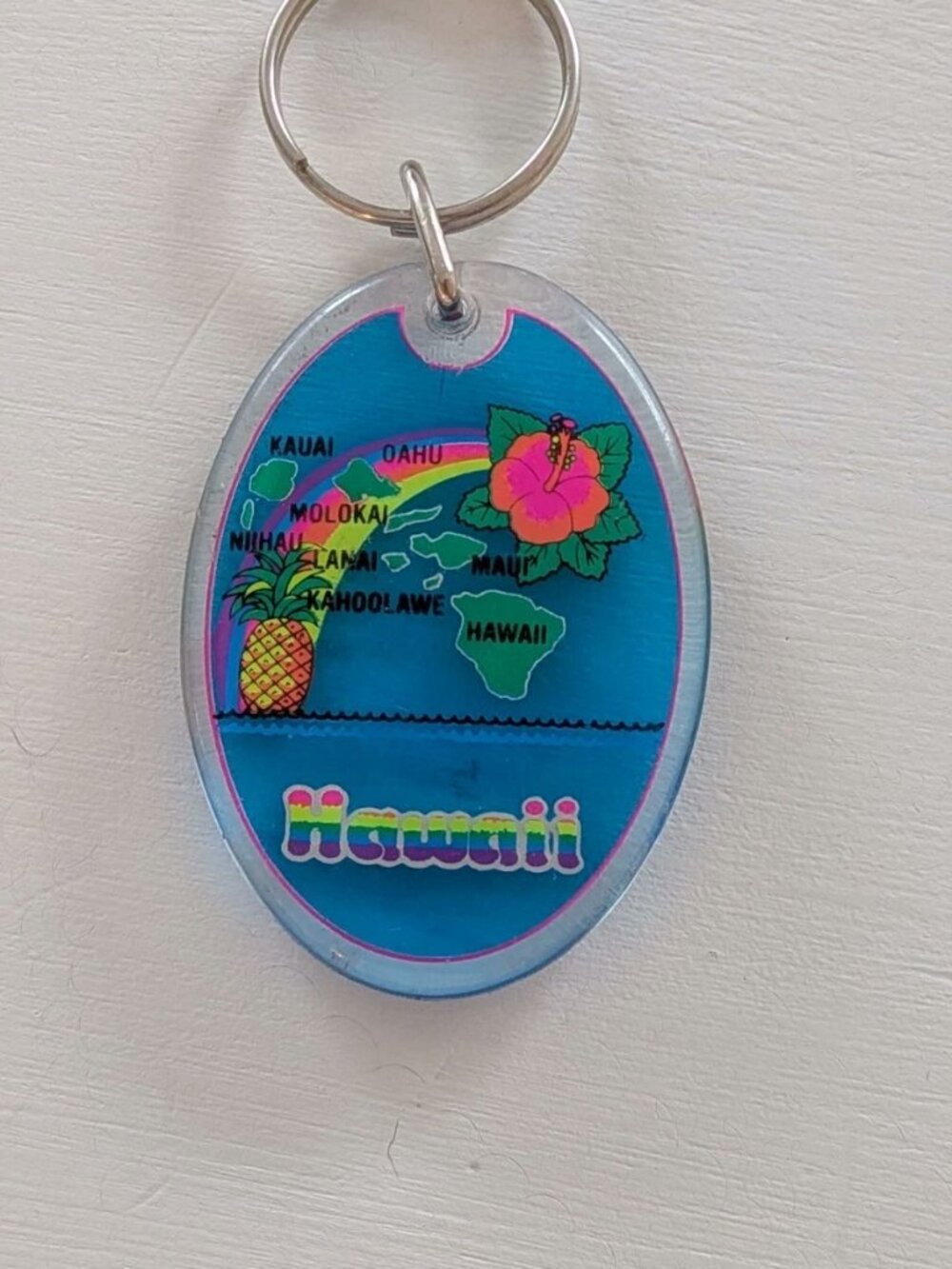 Vintage Hawaii Islands Map Orchid Pineapple Keyring Keychain